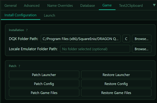 dqxclarity Game tab - Installation Configuration