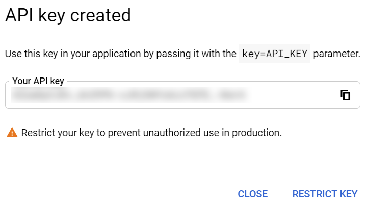 API key created dialog