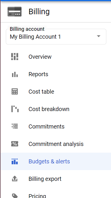 Budgets and alerts menu