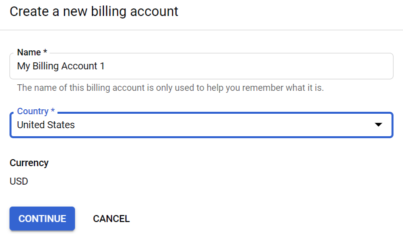 Create new billing account form